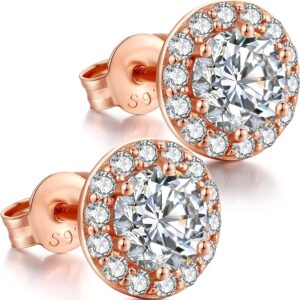 18K Plated Round Diamond Brilliant Halo Stud Earrings Fine Jewel for Men and Women with Box