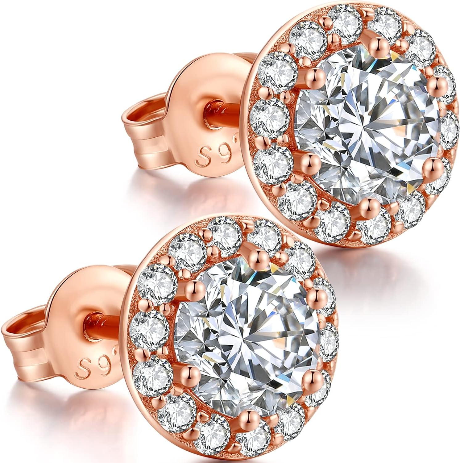 18K Plated Round Diamond Brilliant Halo Stud Earrings Fine Jewel for Men and Women with Box