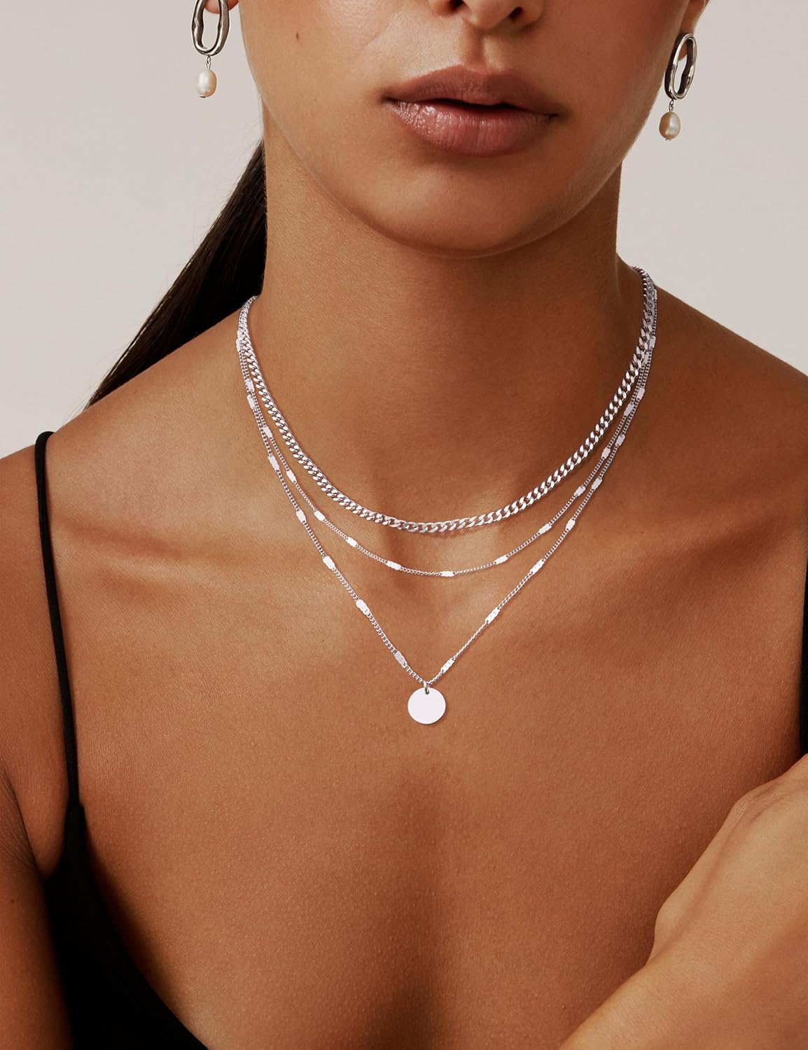 Halsreif Damen Silber 925 Sterling, 3PCS Layering Lange Silberkette Kette Silber 925 Damen mit Anhänger Halsketten Chain Damenkette für Frauen – Bild 2