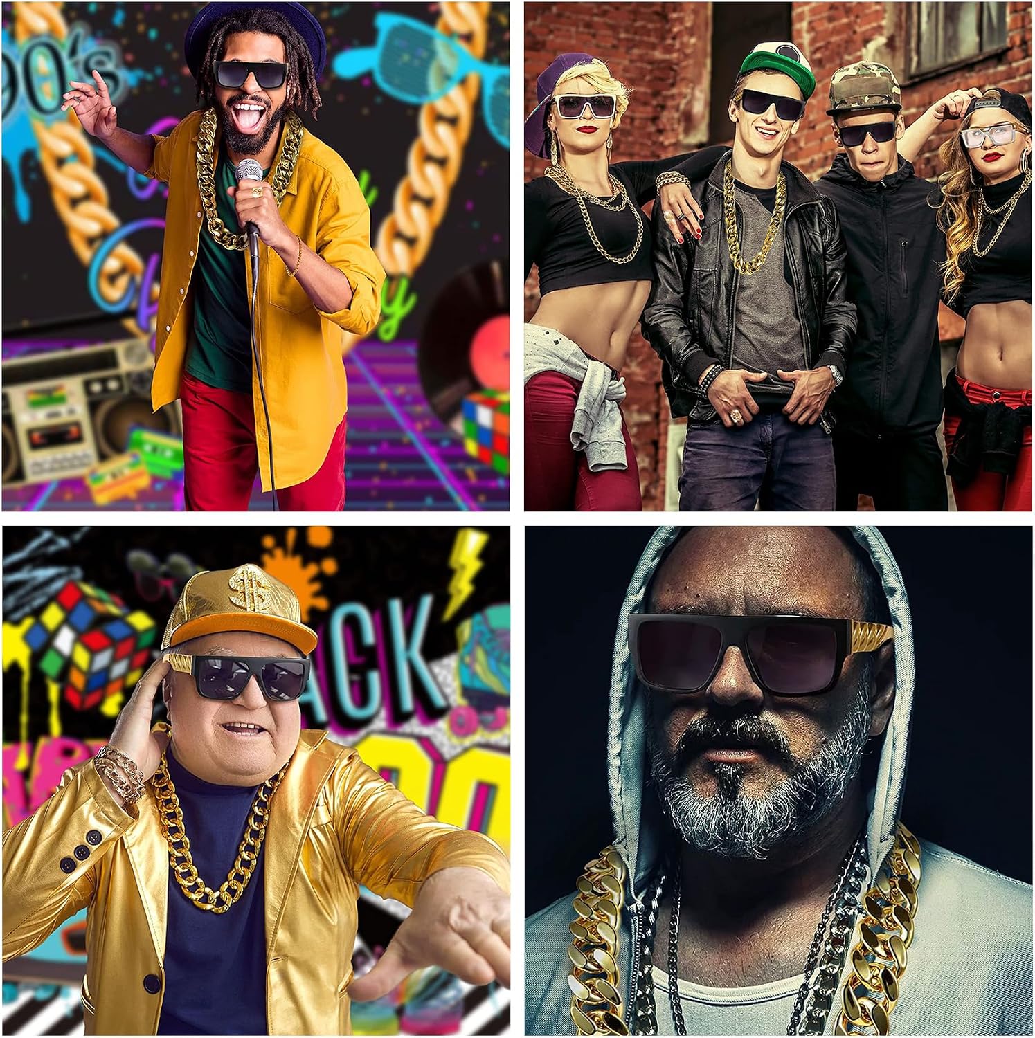 Yolistar Pack of 9 Costume Gold Chain Fancy Dress 80s 90s Outfit Men's Hip Hop Rapper Costume Gold Chain Men's Sunglasses Hanzi Dollar Ring Chain Ring for Carnival Fancy Dress Theme Party – Bild 6
