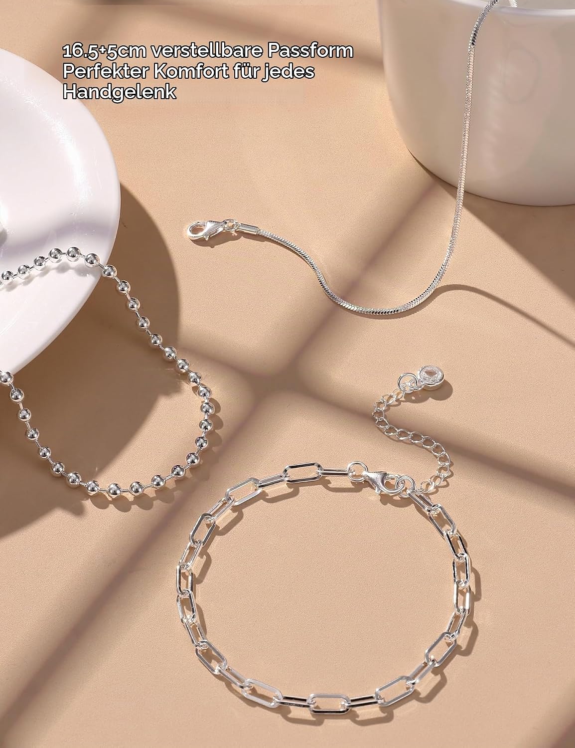 3 Pieces Bracelet Silver 925 Women's Stackable Bracelets Set Adjustable Bracelet Snake Chain Bracelets for Women Silver Bracelet Jewellery with Gift Box – Bild 6
