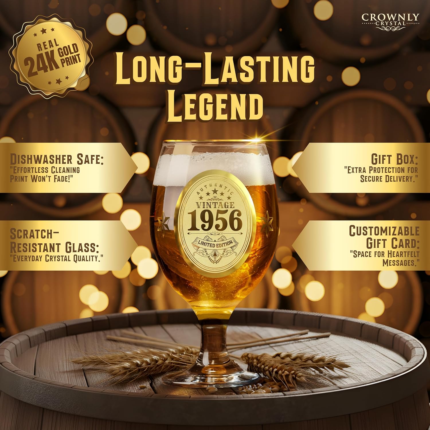 CROWNLY CRYSTAL® 1956 Beer Glass with Engraving 70th Birthday Man Personalised Gift Decoration Card 70 Years Gift Idea for Dad Grandpa – Bild 6