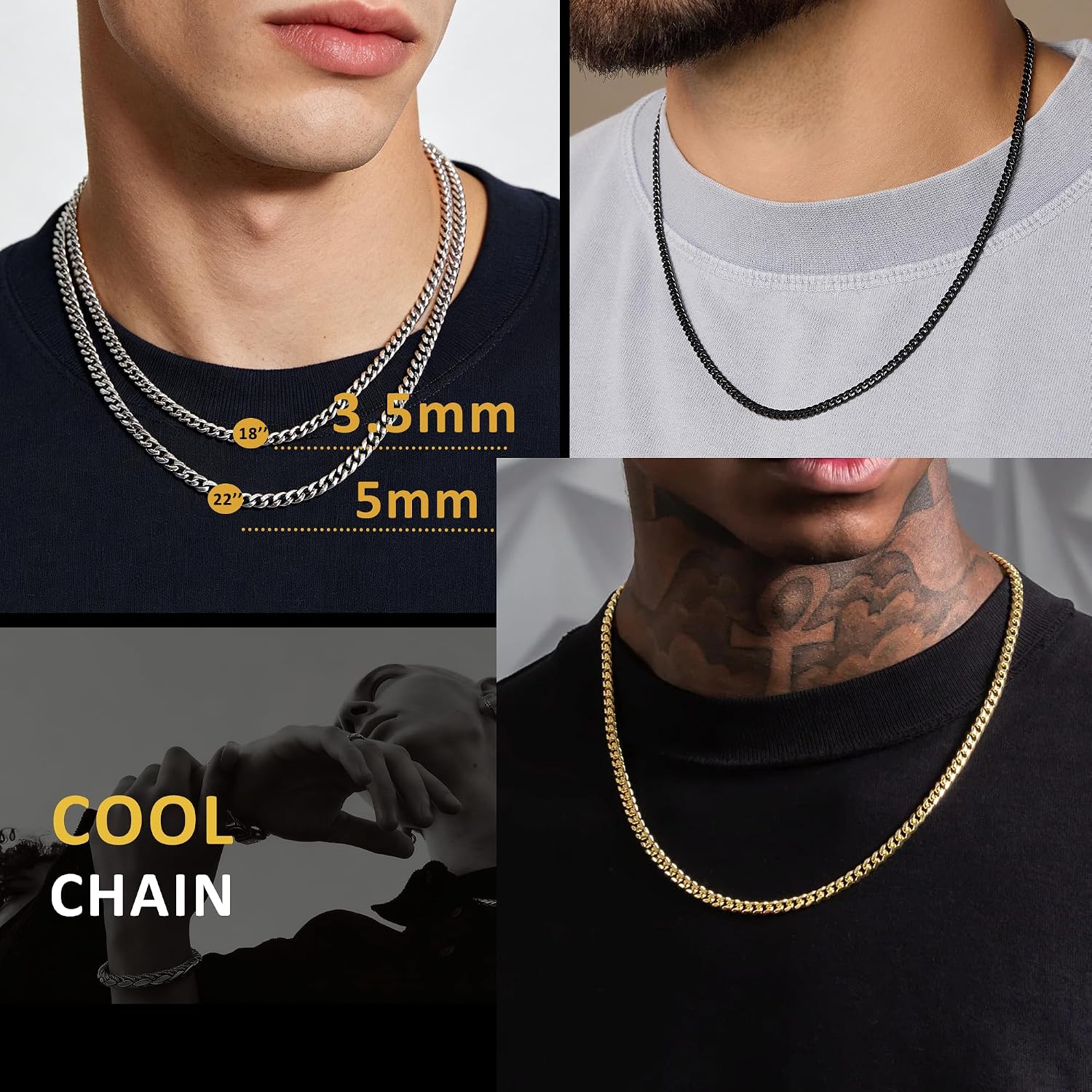 Esrael 3.5/5 mm Silver/Gold/Black Curb Chain Stainless Steel Necklace Men's Cuban Chain for Men and Boys Jewellery Gift for Men Women 18/20/22/24 Inches – Bild 6