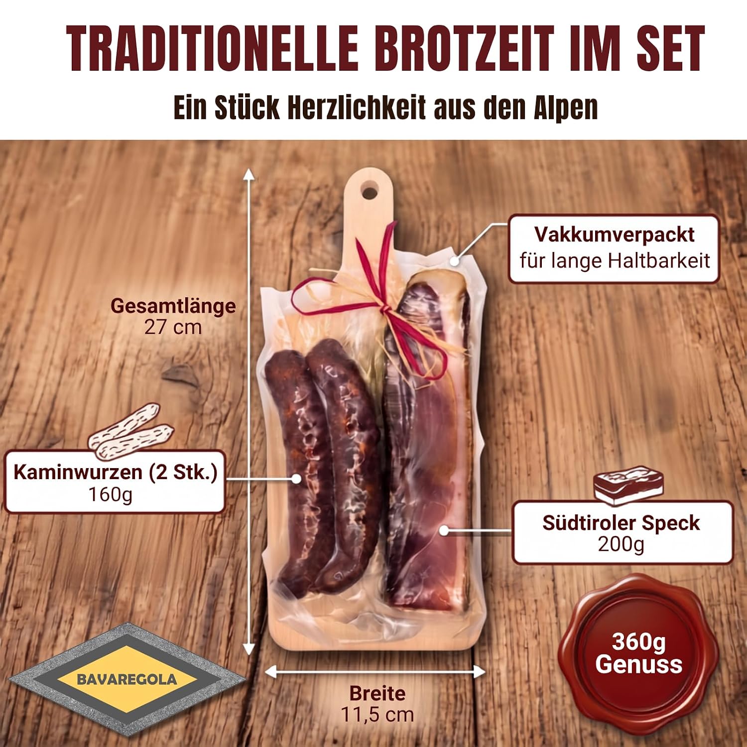 BAVAREGOLA South Tyrolean Bacon Gift Set – "Snack Board" – Bacon Centre Piece with Bacon Board and Knife – Enjoyment Gift for Men and Women – Bild 5