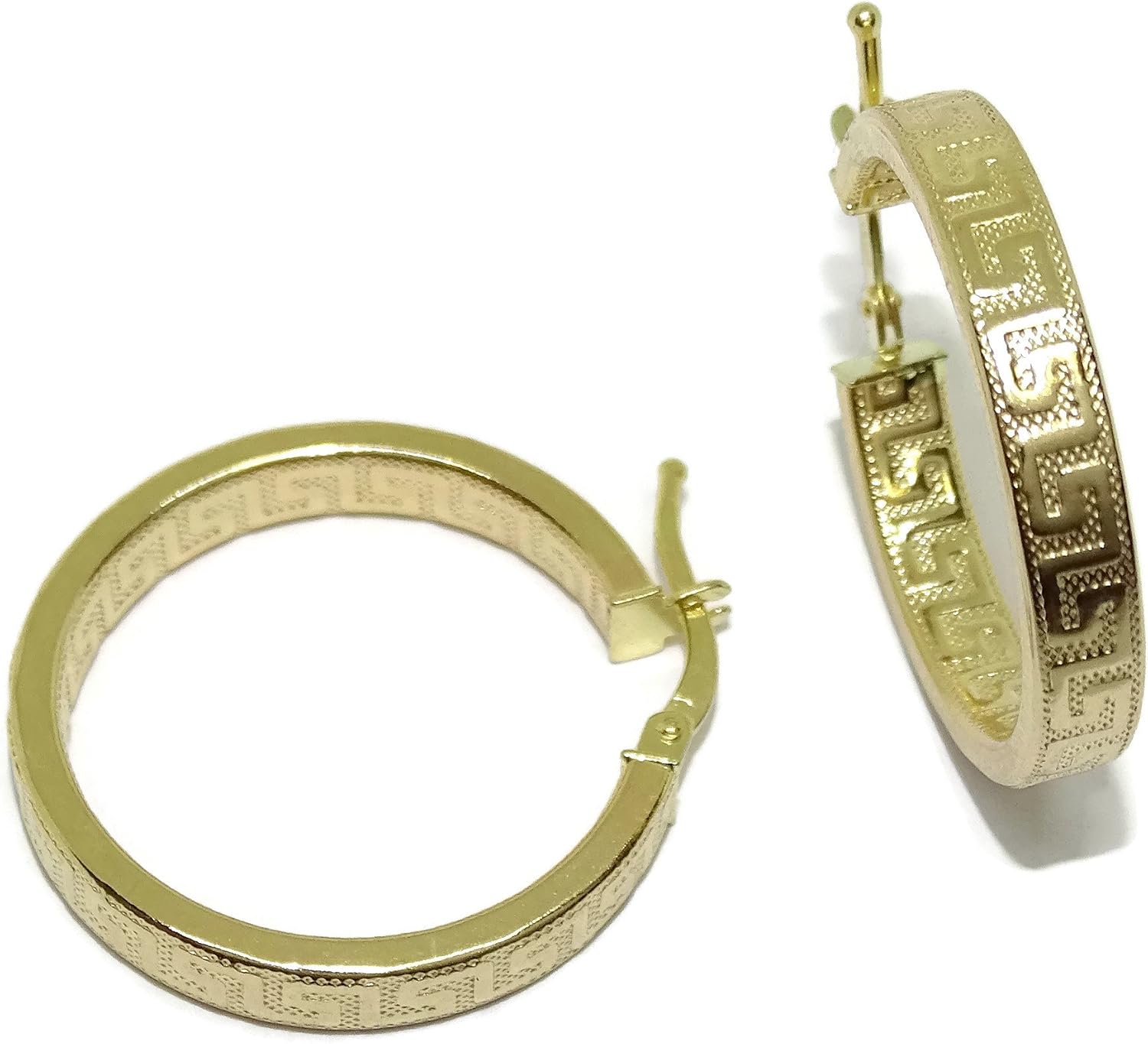 18k Yellow Gold Greek Pattern Square Tube Hoop Earrings 4mm and 2.2cm OD Easy Click Back 2.00g Gold – Bild 3
