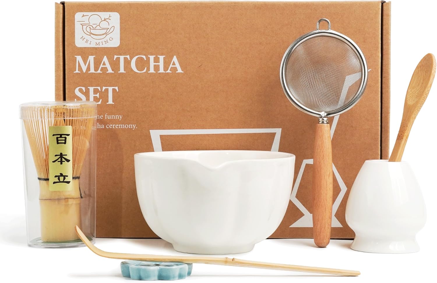 Premium Matcha Set 7-Piece - Exclusive Tea Ceremony Set with Bamboo Chases (Broom), White Ceramic Bowl, Spoon & Accessories, Original Gift for Matcha