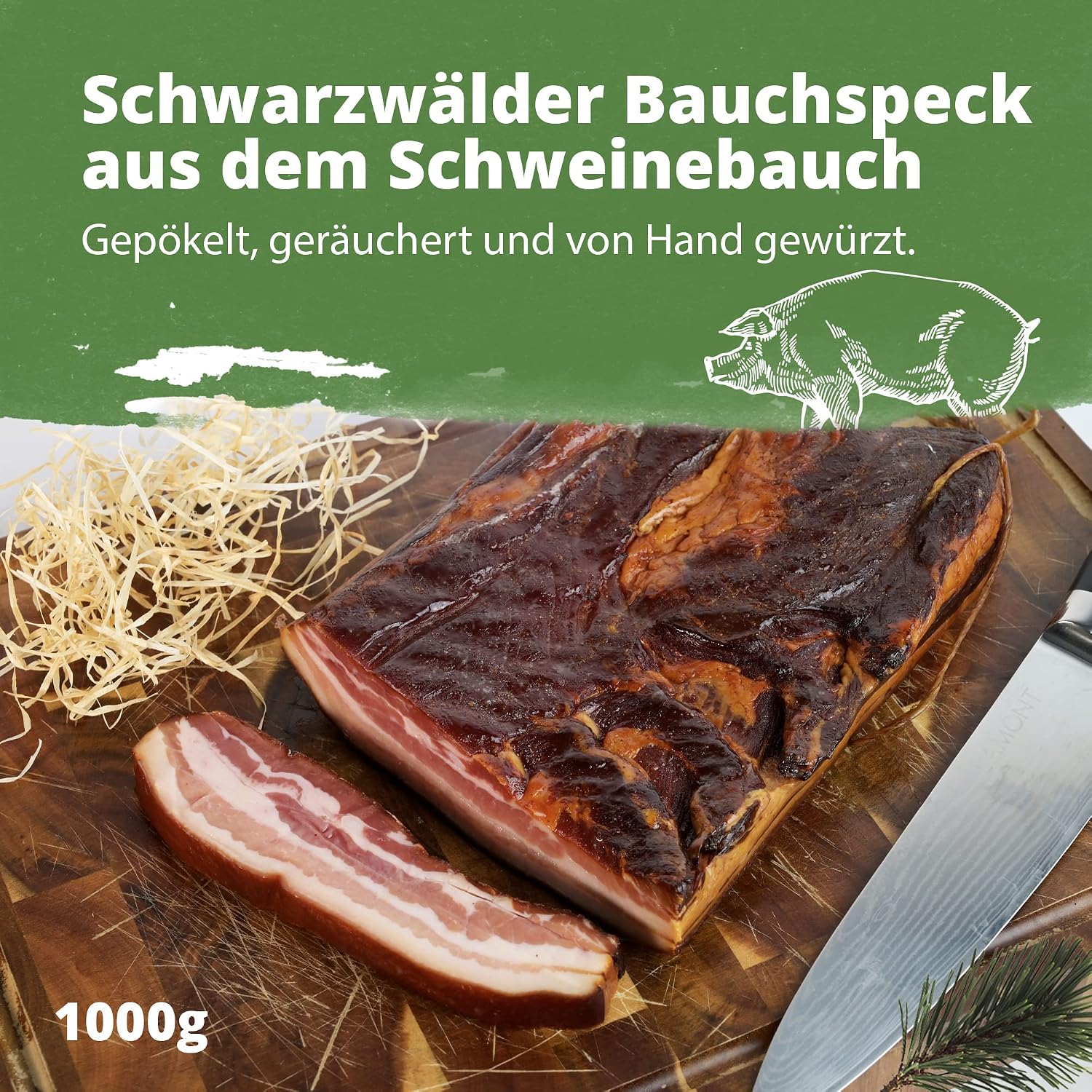 Black Forest Butcher Shop - Black Forest Belly Bacon in One Piece with Hearty Smoky Aroma - 1000 g Bacon from the Belly for Salads, Scrambled Eggs, Green Beans, Carbonara and Much More – Bild 2