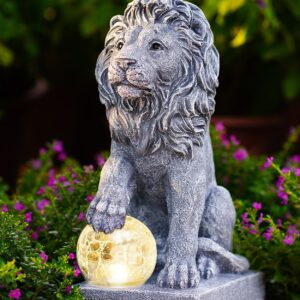 Yeomoo Lion Figurines with Ball Solar Lights Decoration for Outdoor Room
