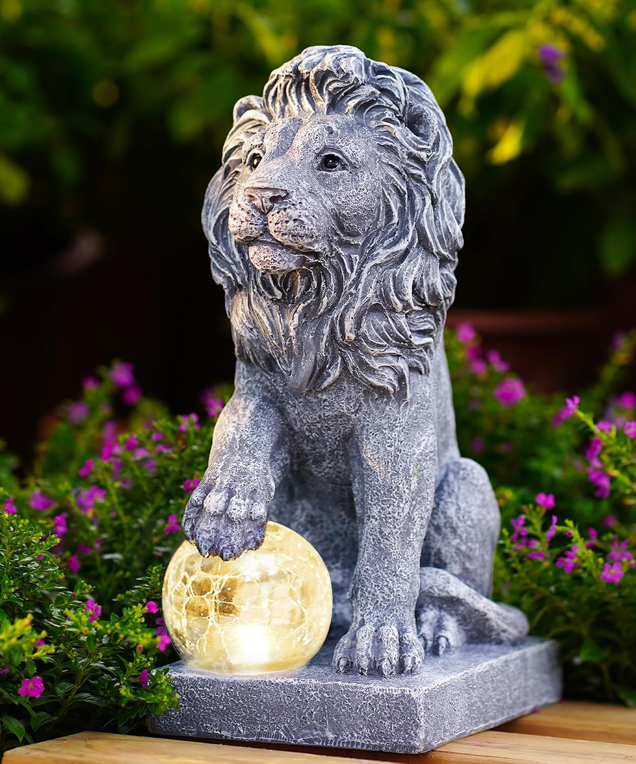 Yeomoo Lion Figurines with Ball Solar Lights Decoration for Outdoor Room