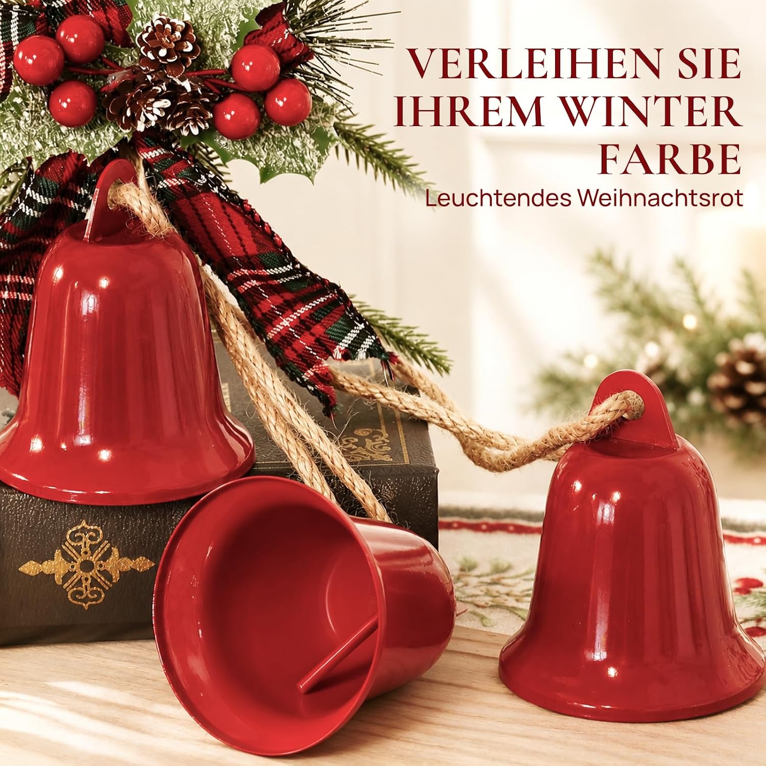 Red Christmas Bells Hanging 3 Large Rustic Bells with Jute Rope – Bild 5