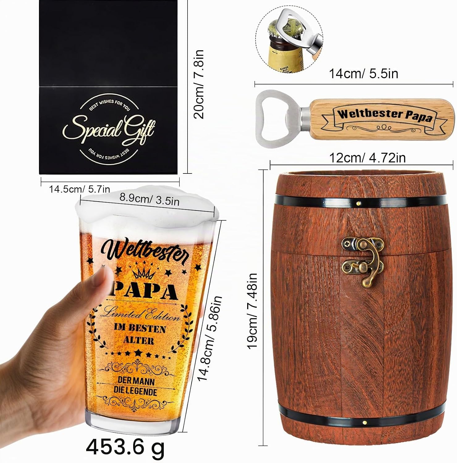 Dad Gifts, Gifts for Men, Personalised Beer Glass with Engraving, Dad Beer Glass in Barrel Box, 470 ml, Gift for Father's Day, Birthday Gift, Funny Gift with Greeting Card – Bild 3