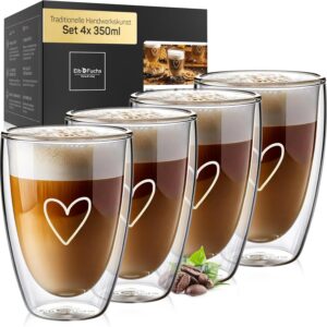 ElbFuchs® Latte Macchiato Glasses Double-Walled, 4 x 350 ml, Gift Idea with HEART, Crystal Clear Thermal Glasses Double-Walled, Ideal as Cappuccino Glasses, Coffee Glasses, Tea Glasses