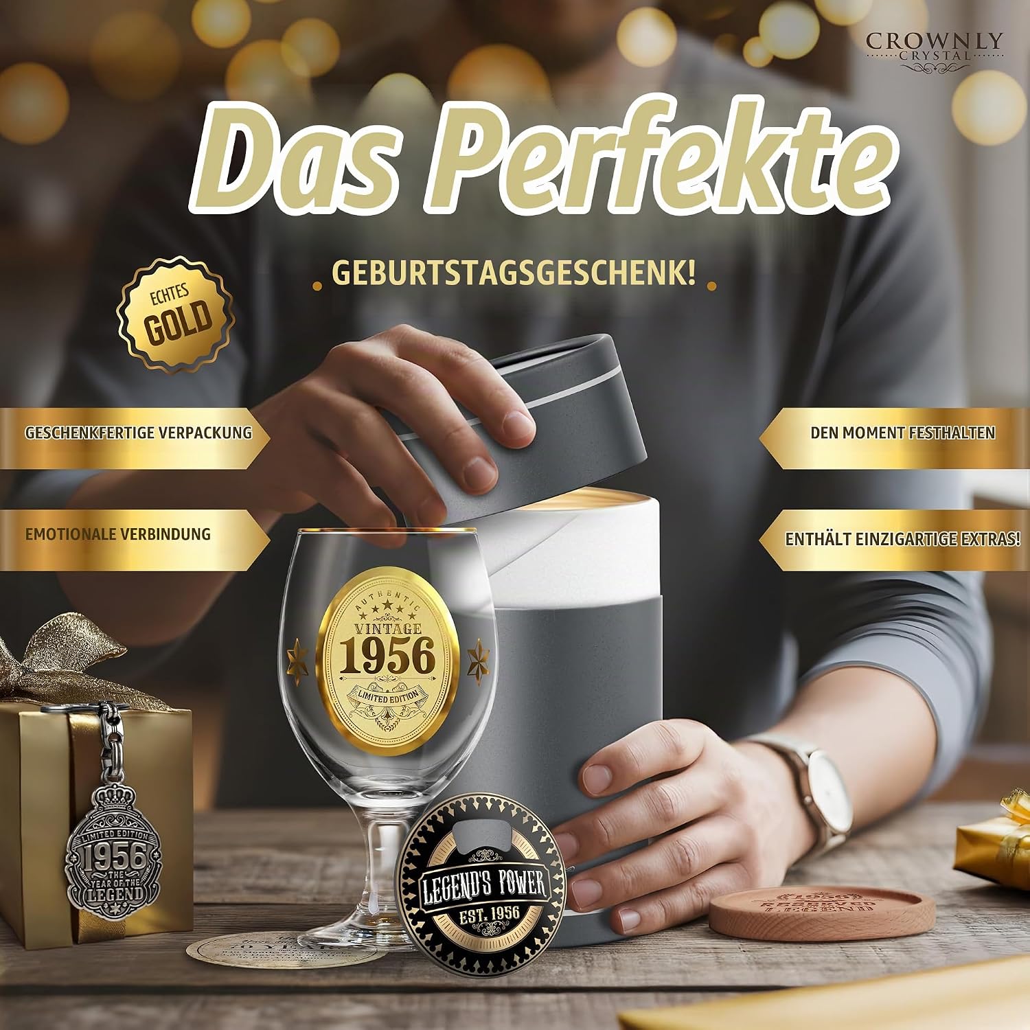 CROWNLY CRYSTAL® 1956 Beer Glass with Engraving 70th Birthday Man Personalised Gift Decoration Card 70 Years Gift Idea for Dad Grandpa – Bild 2