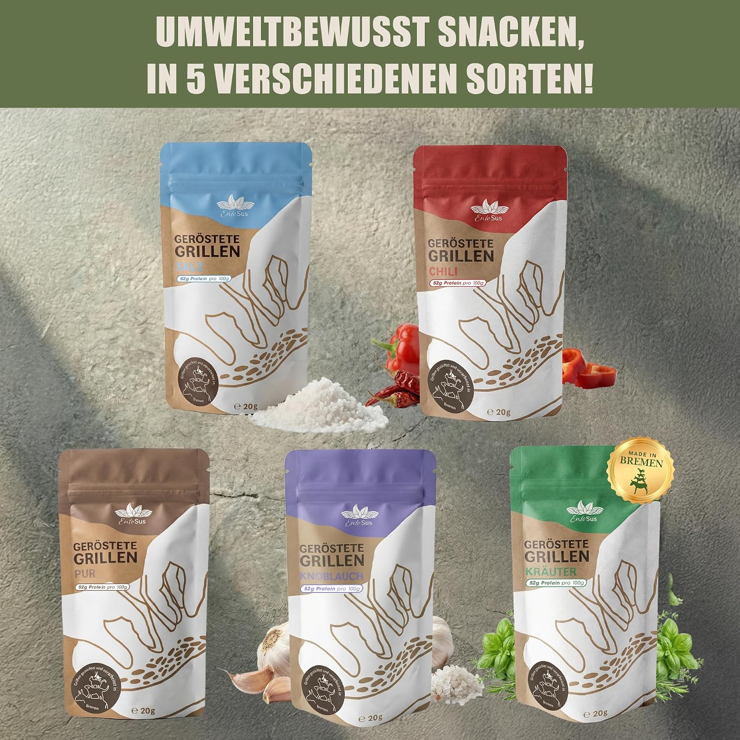 EntoSus Tasting Set Roasted Grills, 5 Flavours, Crunchy Snack Grilling, Sustainable Meat Substitute, Insects as Protein Snack or Cooking Ingredient, Cured in Germany, Contents: 5 x 20g – Bild 4