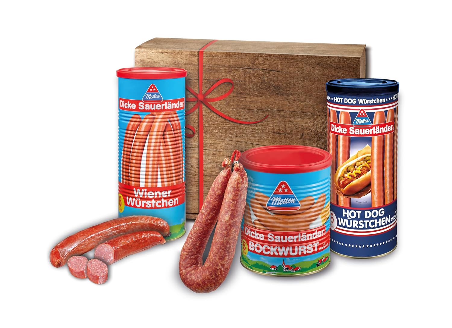 Metten Dicke Sauerländer Gift Box in Wood Look with Various Products (Bockwurst, Wiener Sausages, Hot Dogs, Mettwurst, Cabanossi) 1.58 kg