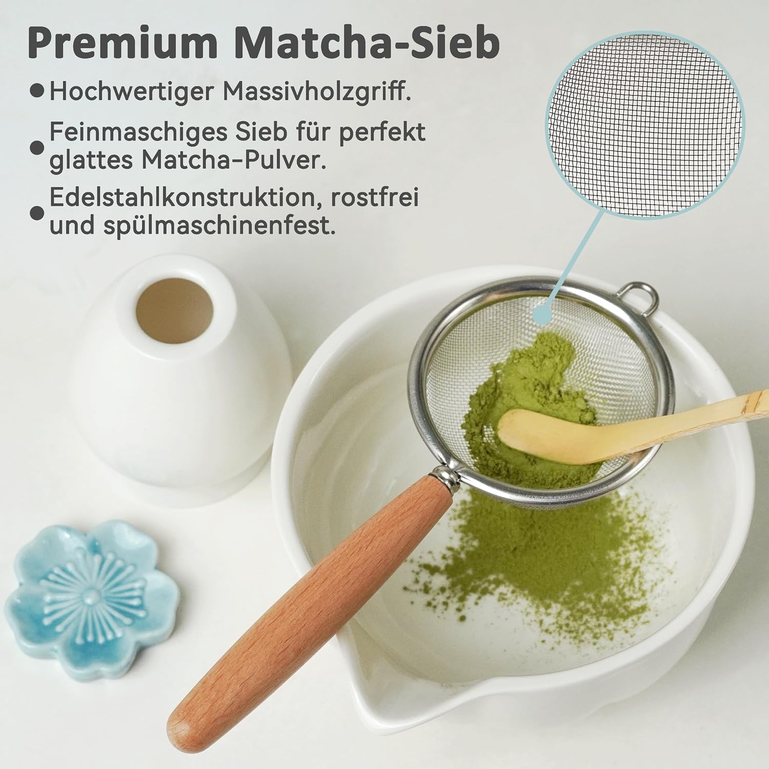 Premium Matcha Set 7-Piece - Exclusive Tea Ceremony Set with Bamboo Chases (Broom), White Ceramic Bowl, Spoon & Accessories, Original Gift for Matcha – Bild 4