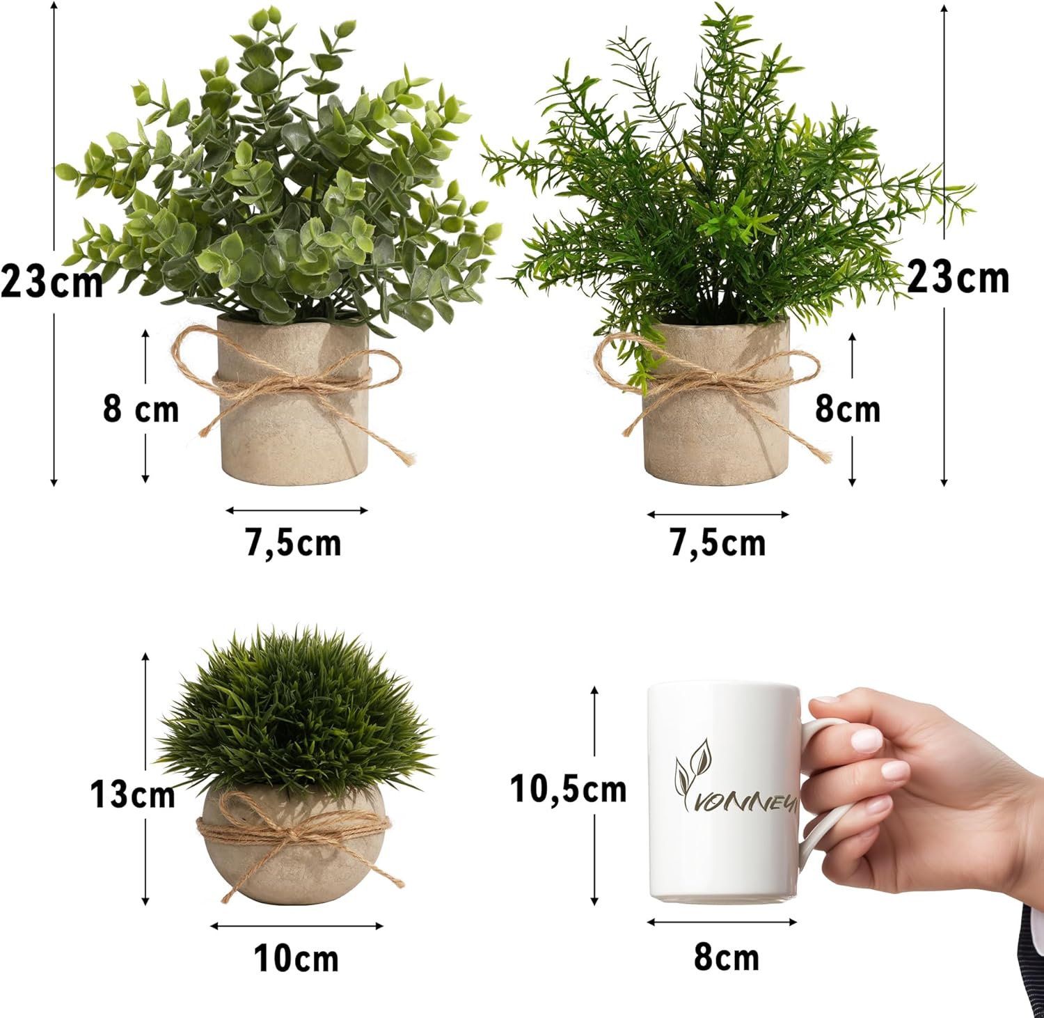 YVONNEYI 4 Small Artificial Plants in Pot - Eucalyptus, Rosemary & Grass – Bild 3