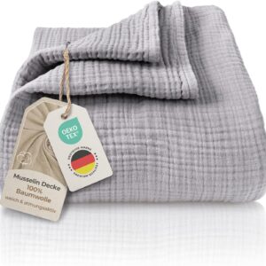 LAYNENBURG Premium Muslin Bedspread 150 x 200 cm – 100% Cotton – Extra Soft, Lightweight Summer Blanket as Cuddly Blanket, Bed Throw, Cotton Blanket, Couch Throw – Warm Sofa Blanket (Grey)