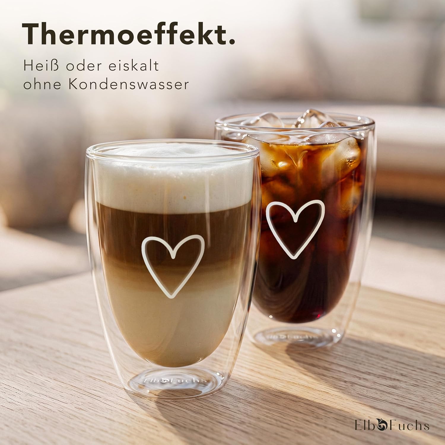 ElbFuchs® Latte Macchiato Glasses Double-Walled, 4 x 350 ml, Gift Idea with HEART, Crystal Clear Thermal Glasses Double-Walled, Ideal as Cappuccino Glasses, Coffee Glasses, Tea Glasses – Bild 7