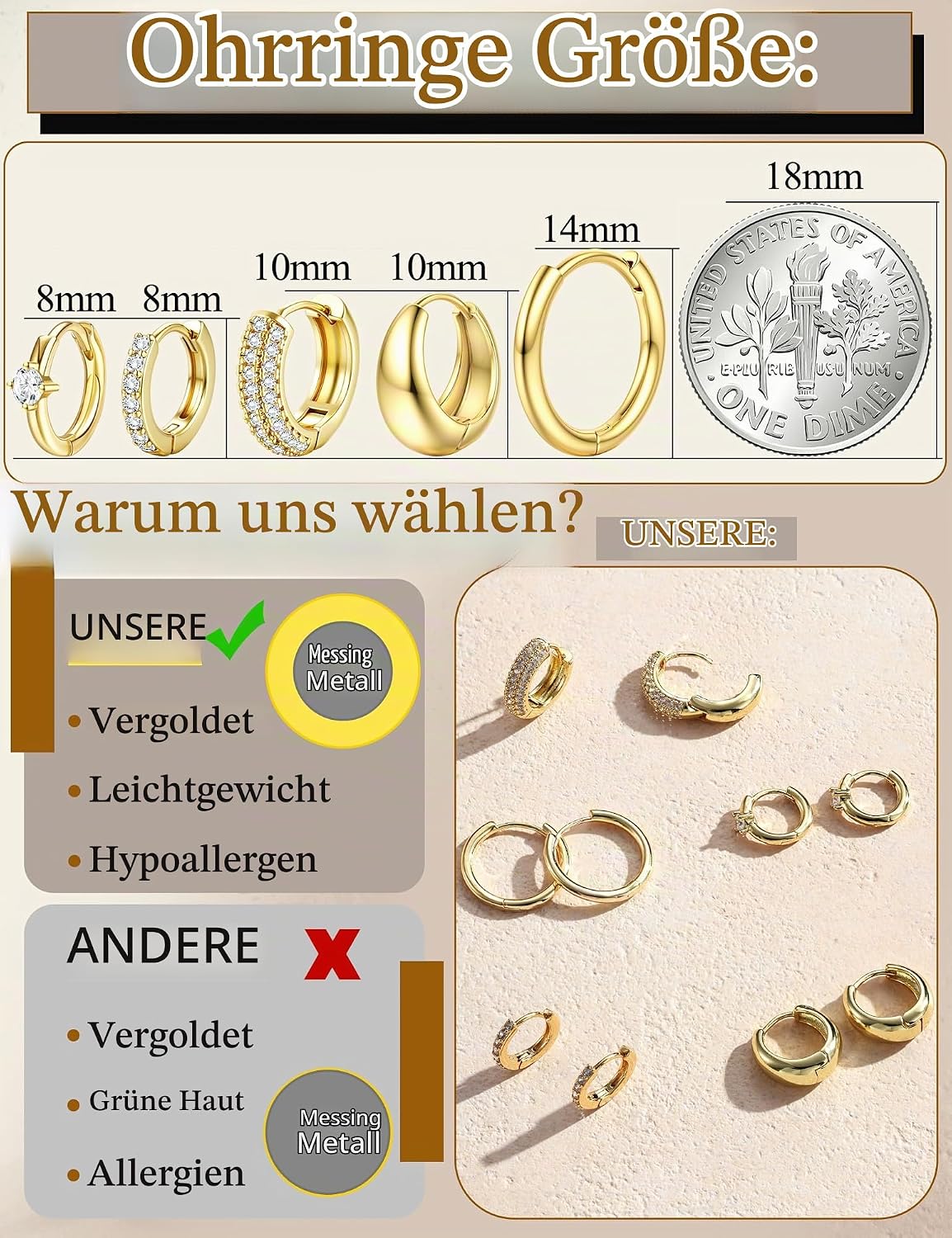 Finrezio 5 Pairs of Hoop Earrings Gold/Silver for Women Earrings Gold Small Chunky Gold Earrings Set Golden Earrings Women's Hypoallergenic Gold Huggie Sleeper Earring Gold Jewellery Gift for Women – Bild 2