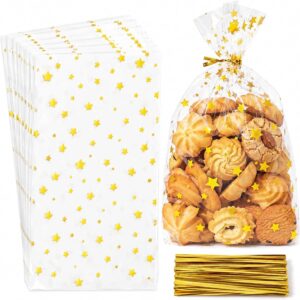 Pack of 100 Christmas Cookie Bags – Golden Star Biscuit Bags Christmas 15 x 25 cm | Cellophane Bags Transparent with Twist Ties, Christmas Bags for Filling for Biscuits, Sweets