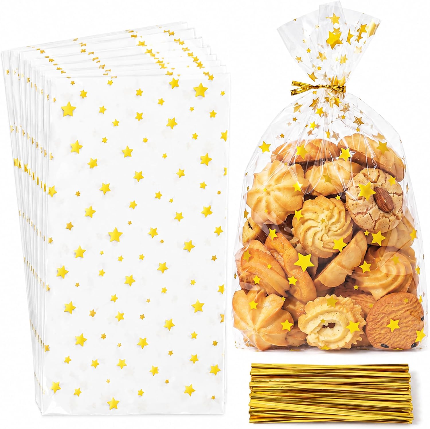 Pack of 100 Christmas Cookie Bags - Golden Star Biscuit Bags Christmas 15 x 25 cm | Cellophane Bags Transparent with Twist Ties, Christmas Bags for Filling for Biscuits, Sweets