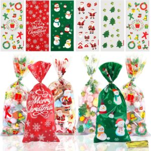 Pack of 120 Cellophane Bags, Christmas Candy Bags, Biscuits, Goody Bags with 120 Twist Ties, Bags for Filling, Cellophane Bags Small for Cookies Biscuits Chocolates (Green)