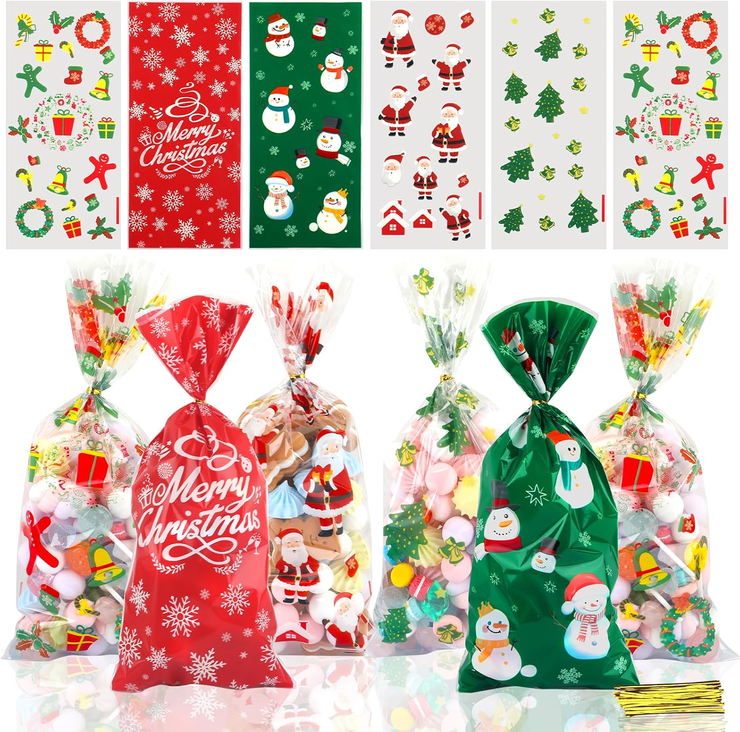 Pack of 120 Cellophane Bags, Christmas Candy Bags, Biscuits, Goody Bags with 120 Twist Ties, Bags for Filling, Cellophane Bags Small for Cookies Biscuits Chocolates (Green)