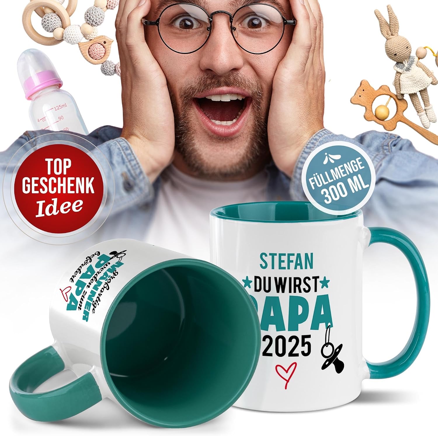 Tassendruck Baby News Mug with Name & Year Design Yourself – Du wirst Papa – Personalised Gift for Pregnancy for Expecting Father – Ceramic Mug, 300 ml, Inner and Handle Turquoise – Bild 3