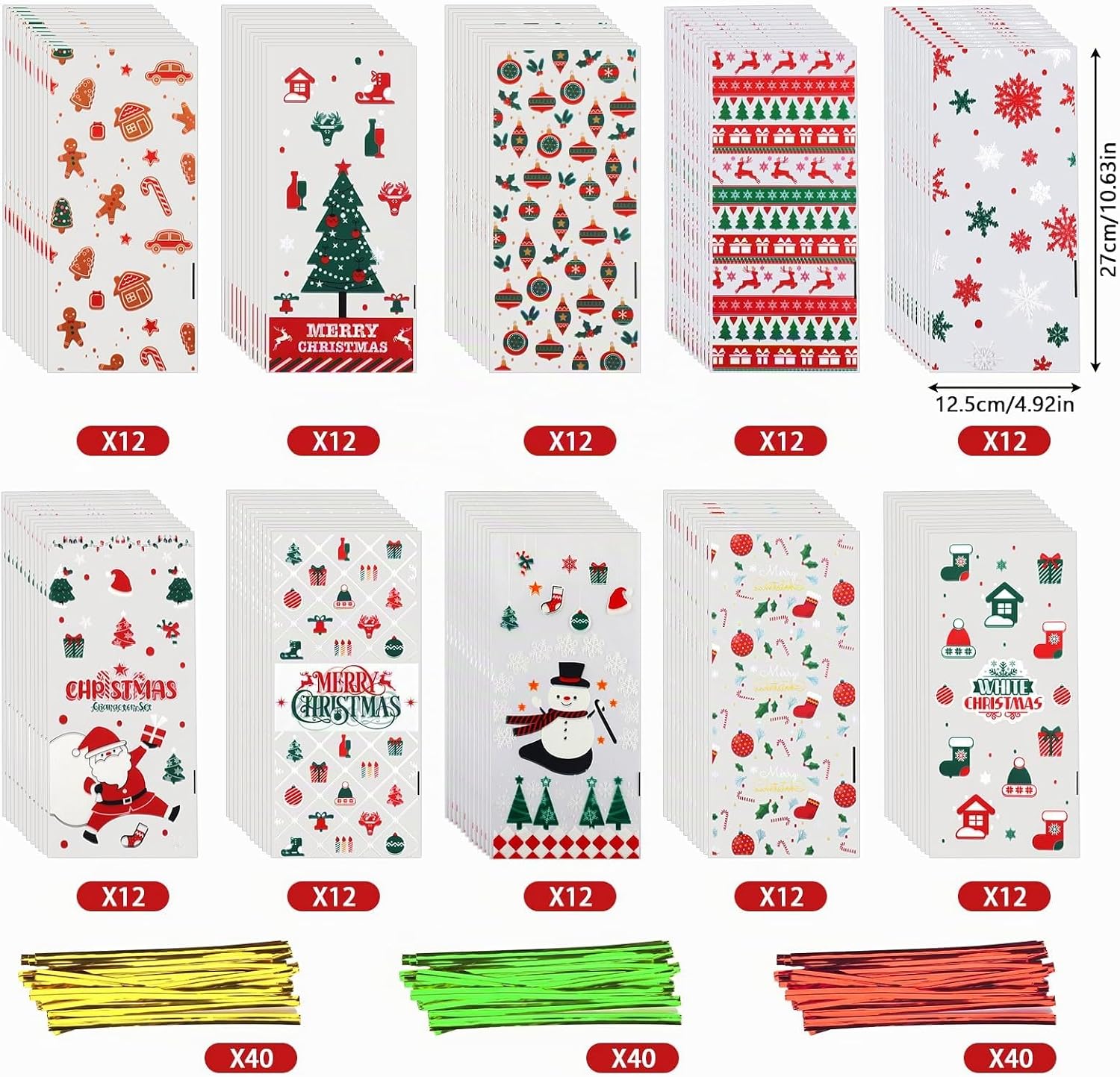 Pack of 120 Cellophane Bags, Christmas Candy Bags, Biscuits, Goody Bags with 120 Twist Ties, Bags for Filling, Cellophane Bags Small for Cookies, Biscuits, Chocolates (White) – Bild 5