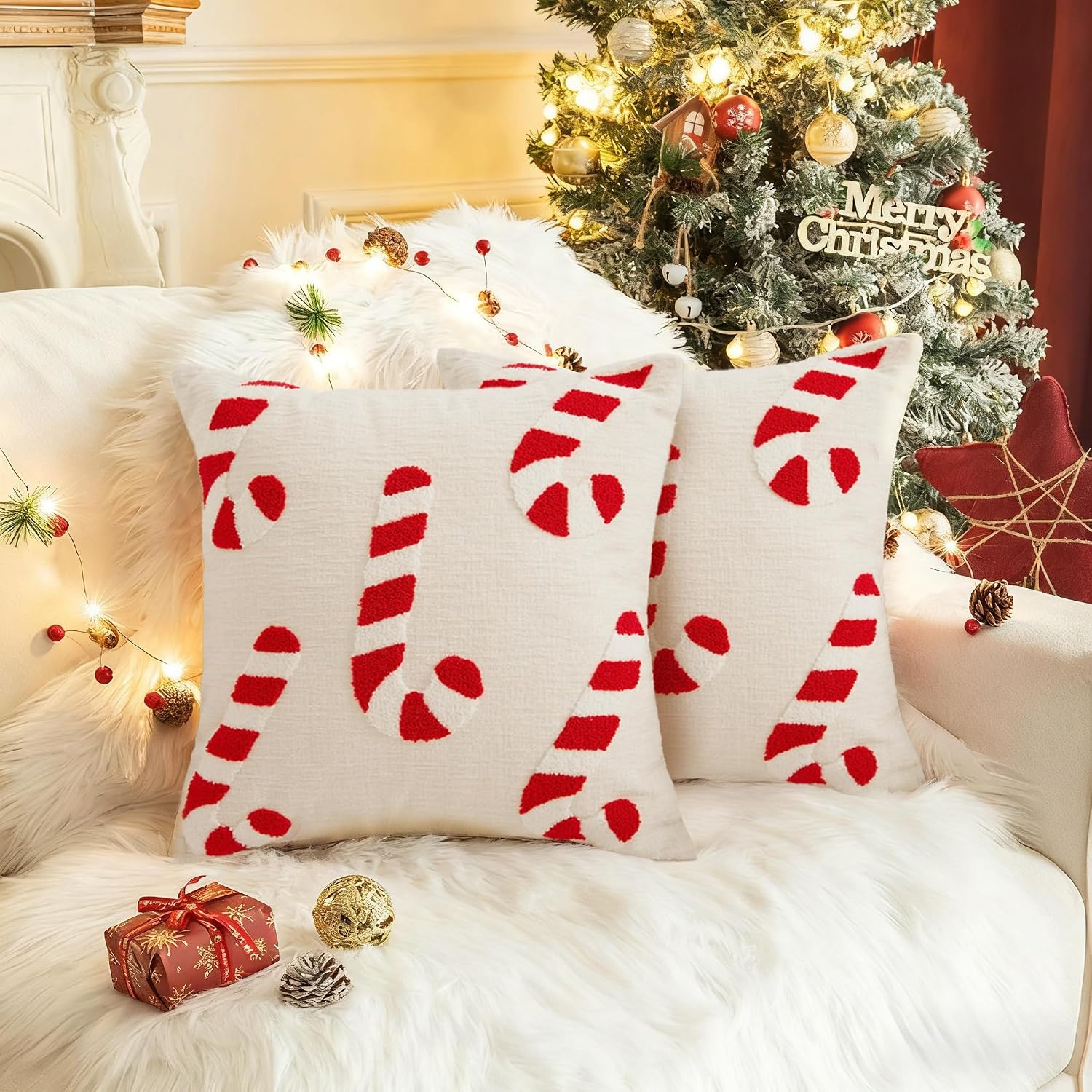 Christmas Cushion Cover 45 x 45 cm, Pack of 2, Christmas Decoration Inner Cushion Covers, Cushion Cover Christmas Decoration (Candy Canes B)