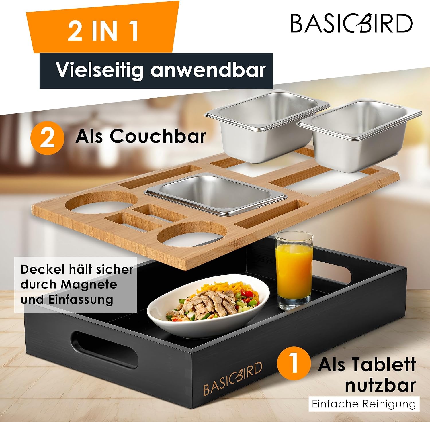 BASICBIRD® Couch Bar Snack Box - Organiser Tray - Snack Dispenser with 3 x Snack Bowls - Wooden Sofa Tray for Sofa, Decoration, Couch Bar with Drink Holder and Compartments - Motorhome Equipment – Bild 5