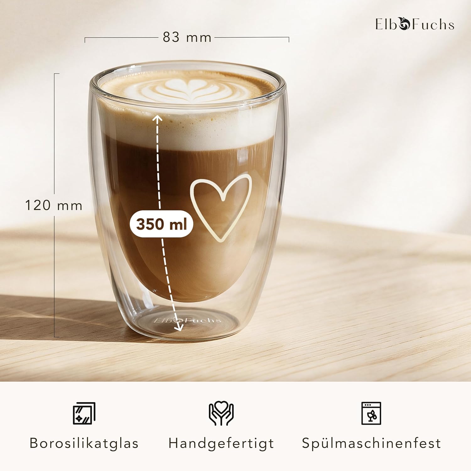ElbFuchs® Latte Macchiato Glasses Double-Walled, 4 x 350 ml, Gift Idea with HEART, Crystal Clear Thermal Glasses Double-Walled, Ideal as Cappuccino Glasses, Coffee Glasses, Tea Glasses – Bild 4