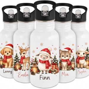 SMARTEON Children's Bottle with Name, 17 Christmas Motifs, Stainless Steel
