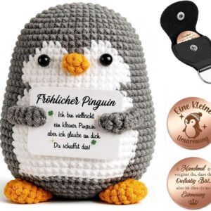 Giftota Pocket Hug Penguin – Hand Crocheted Penguin with Lucky Coin & Leather Case – Lucky Charm & Courage – Gift Idea for Birthday – Get Well Soon – Gift for Men, Women, Teenagers