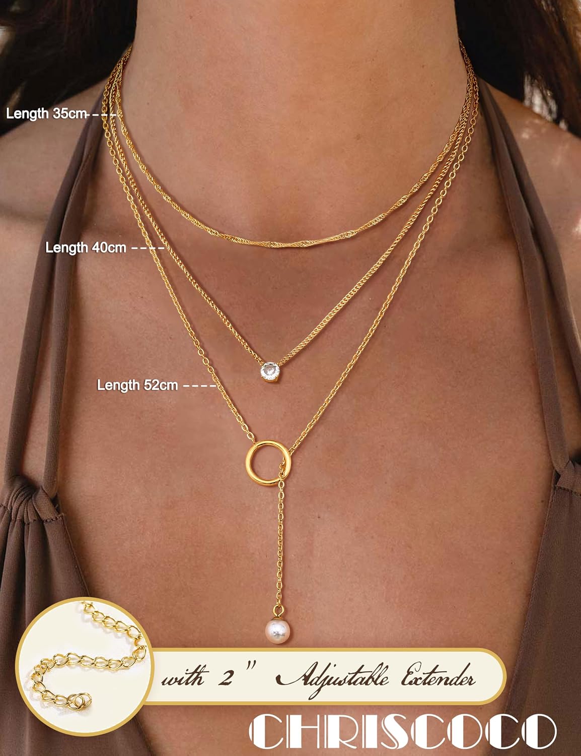 Chriscoco 2-3 Pieces Women's Gold Chain Gold Waterproof 18 K Gold-Plated Chains Set Stainless Steel Chain Gold Chain with Pendant Pearl Necklace CZ Gold Chain Women – Bild 4