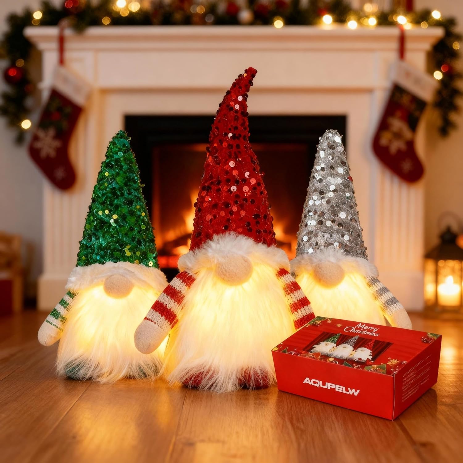 Christmas Decoration Gnome with Light, Pack of 3 - LED Christmas Gnome Figures Made of Plush - Luminous Decorative Gnome with Gift Box Set