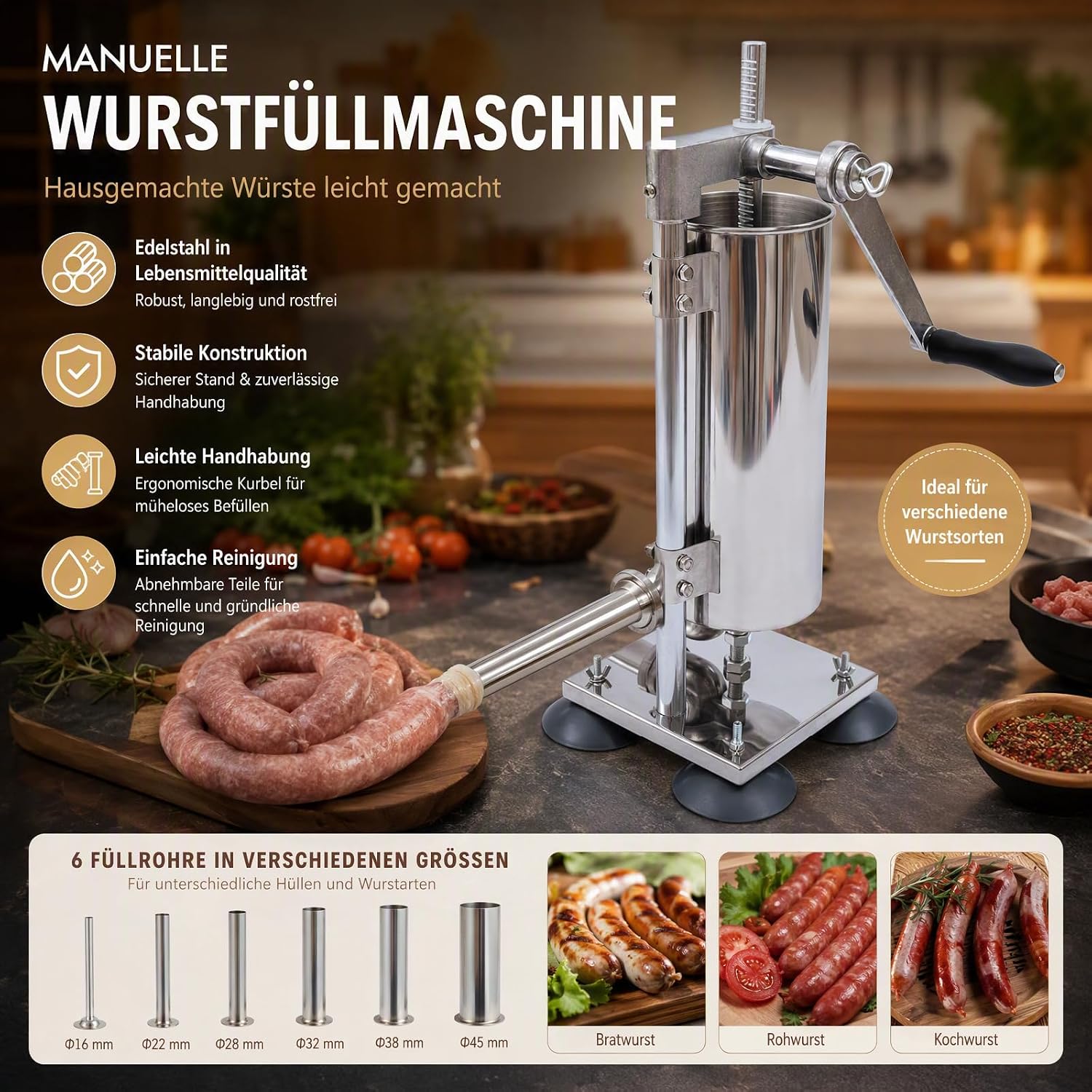 3L Sausage Stuffer Manual Sausage Machine, Stainless Steel Vertical Hand Crank Sausage Sausage Stuffer Machine with Stainless Steel Tubes Plastic Tubes Suction Cups for Kitchen Restaurants – Bild 6