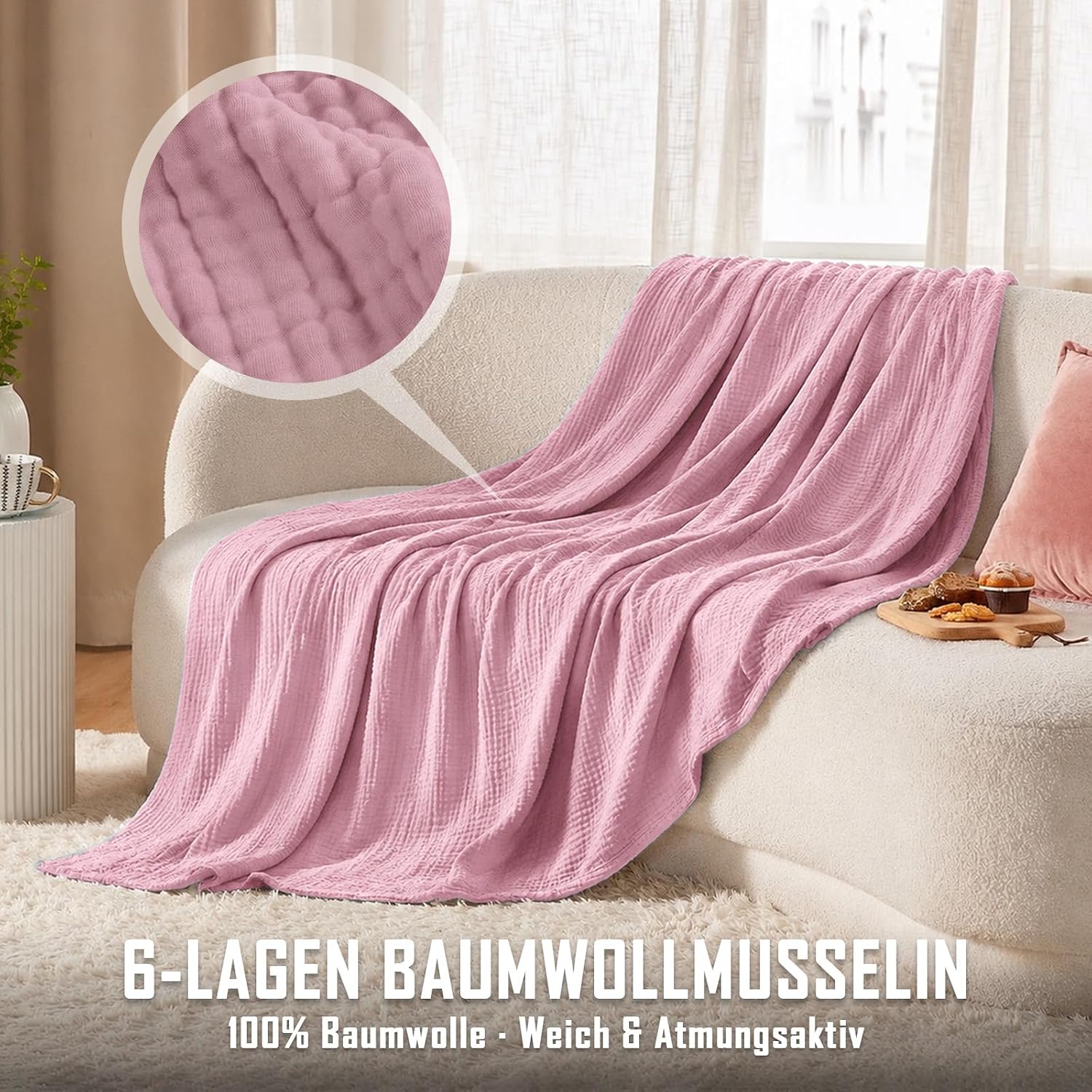 Muslin Blanket, 150 x 200 cm, 100% Cotton, 6-Layer Soft Summer Blanket, Breathable Muslin Blanket for Adults, Thin Cuddly Blanket for Bed and Sofa, Bedspread, Couch Throw (Pink) – Bild 3