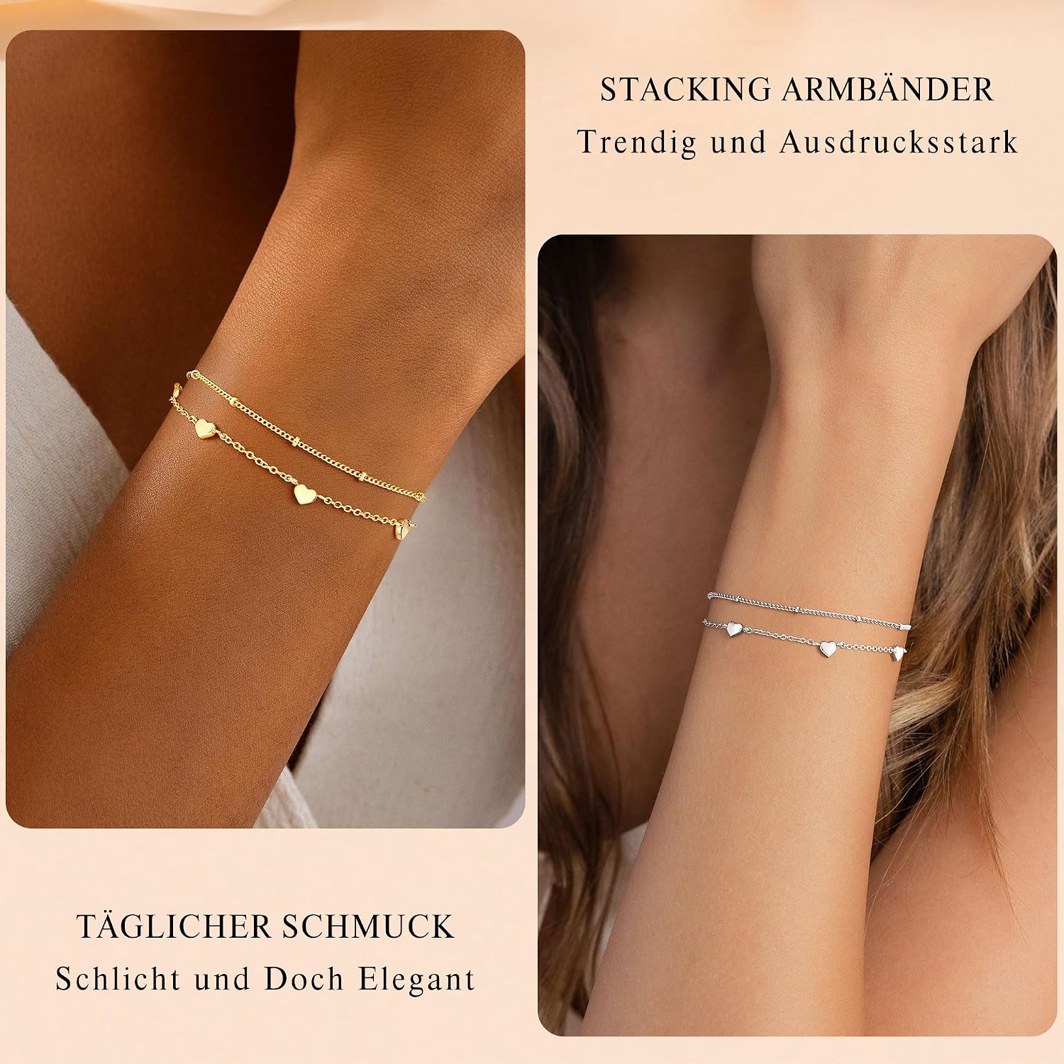 Turandoss Armband Damen Gold/Silber, 14K Gold Vergoldete Herz Armbänder – Bild 4