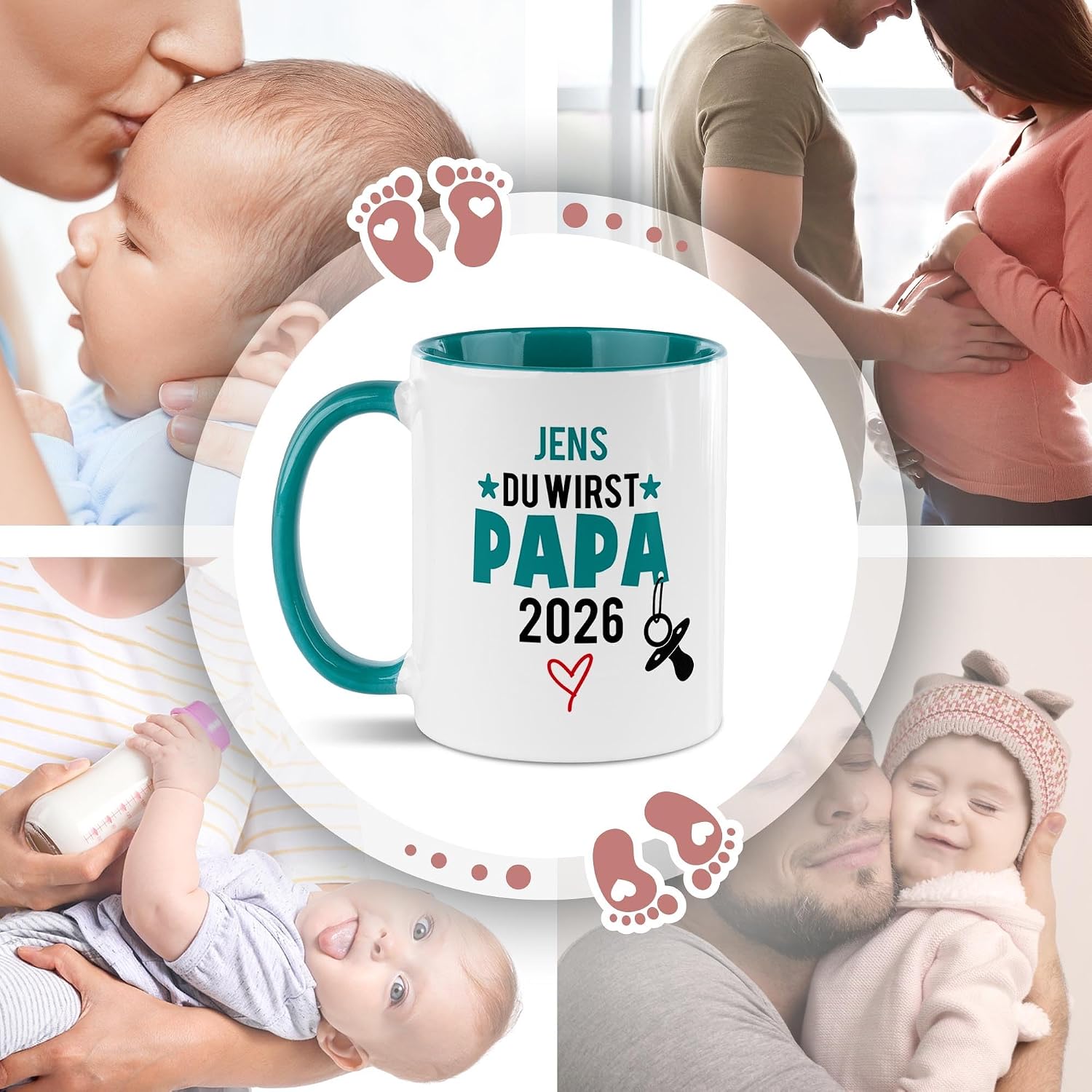 Tassendruck Baby News Mug with Name & Year Design Yourself – Du wirst Papa – Personalised Gift for Pregnancy for Expecting Father – Ceramic Mug, 300 ml, Inner and Handle Turquoise – Bild 4