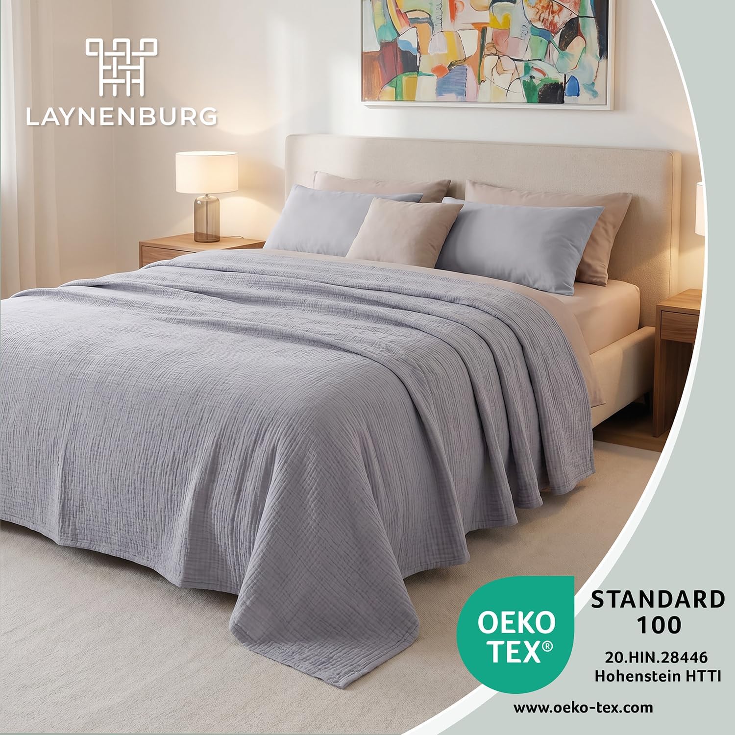 LAYNENBURG Premium Muslin Bedspread 150 x 200 cm - 100% Cotton - Extra Soft, Lightweight Summer Blanket as Cuddly Blanket, Bed Throw, Cotton Blanket, Couch Throw - Warm Sofa Blanket (Grey) – Bild 2
