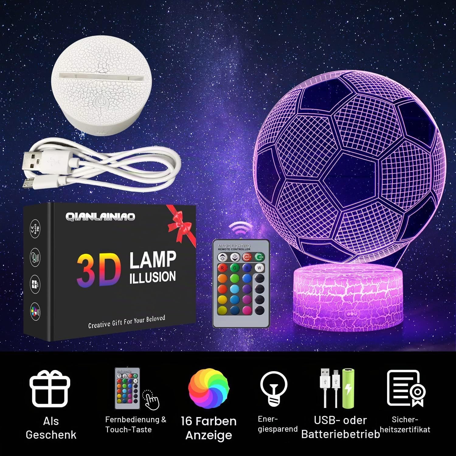 Football Gifts Boys Girls QIANLAINIAO Easter Gifts Children Communion Easter Gift Boy 5 6 7 8 9 10 11 12 1314 Years, 3D Football Night Light Room Decoration Optical Illusion Lamp 16 Colours – Bild 4