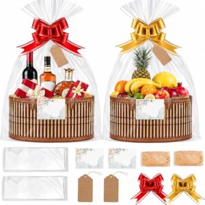 Myfivo Set of 2 Bamboo Gift Baskets Empty with Bow, Filling Material Gift