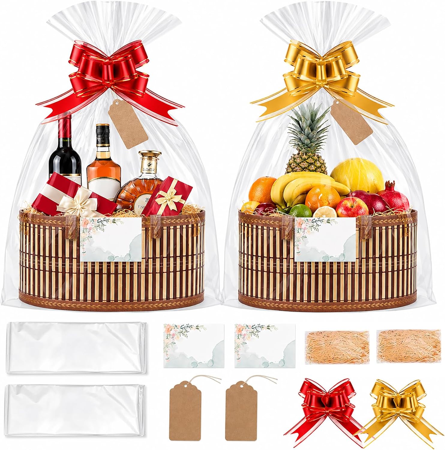 Myfivo Set of 2 Bamboo Gift Baskets Empty with Bow, Filling Material Gift