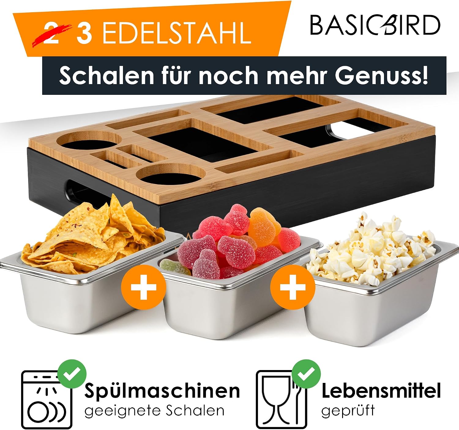 BASICBIRD® Couch Bar Snack Box - Organiser Tray - Snack Dispenser with 3 x Snack Bowls - Wooden Sofa Tray for Sofa, Decoration, Couch Bar with Drink Holder and Compartments - Motorhome Equipment – Bild 2