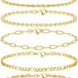 Adramata 7 Pieces Chain Bracelets for Women 14 Carat Gold-Plated Bracelet Women's Twist Figaro Chain Bracelets Adjustable CZ Fashion Jewellery Bracelet Set Silver Gold Bracelets for Women Girls