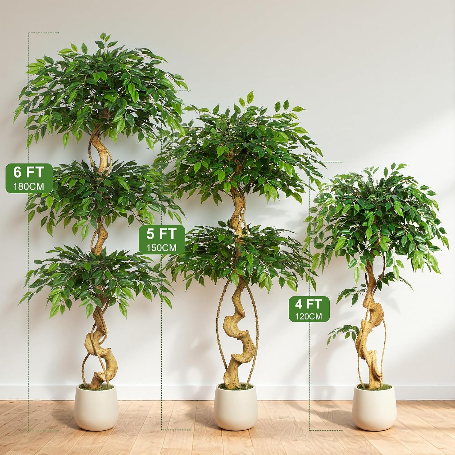Artificial Plant Ficus Tree 180 cm with White Pot, Artificial Plants Large Like Real with Curved Tree Trunk and 1860 Leaves, Artificial Tree for Indoor Decoration, Living Room, Bedroom – Bild 5