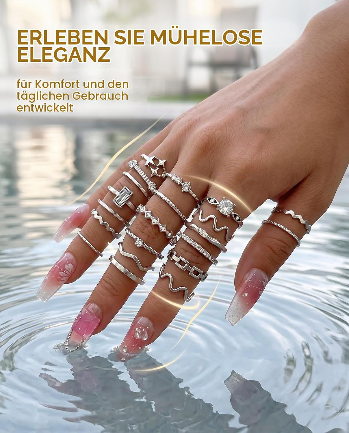 Pack of 22 Waterproof Silver Gold-Plated Stackable Statement Rings for Women, Chic Finger Ring Set (Silver) – Bild 3