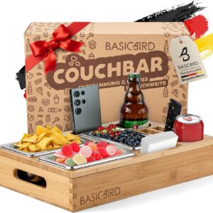 BASICBIRD® Couch Bar Snack Box with 3 x Snack Bowls, Organiser Tray, Snack Dispenser, Wooden Sofa Tray for Sofa, Decoration, Couch Bar with Drink Holder, Snack Box with Compartments, Motorhome